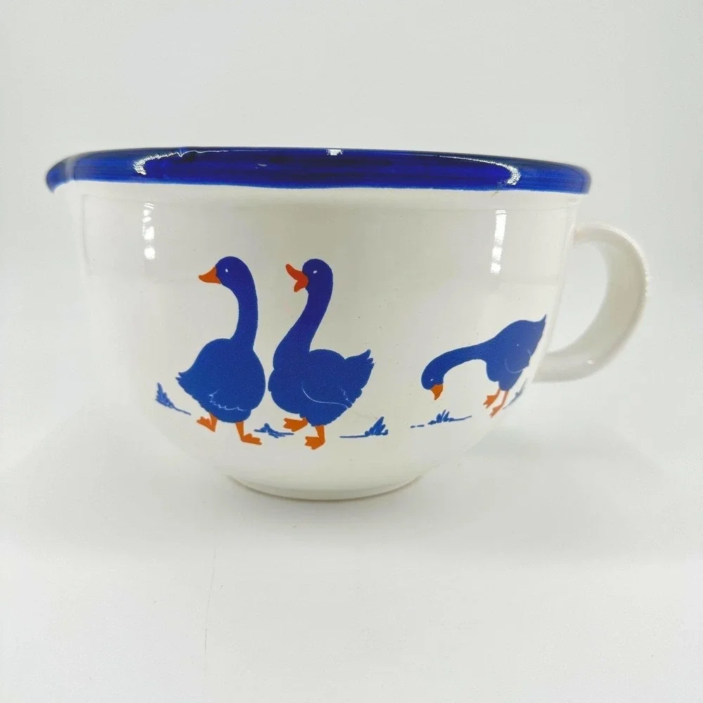 Italy Mid-Century Modern MCM Vintage White‎ Blue Goose Geese Pour Bowl Farmhouse